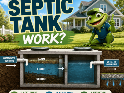 Illustration of how a septic tank works, showing wastewater flow, solids settling, and liquid effluent treatment for a septic system.
